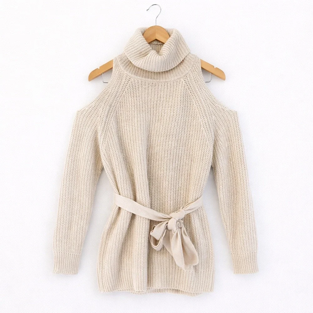 Y2K Fashion Nova Cream Cold Shoulder Turtleneck Sweater Dress – Size Medium - Picture 1 of 2